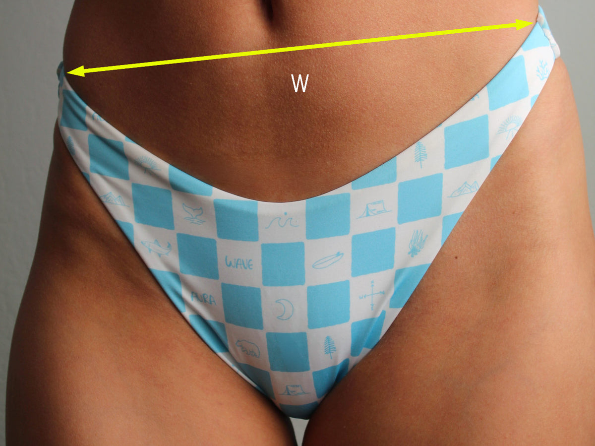 Blue and white checkered bikini bottom with measurement on a grey background in Victoria, BC