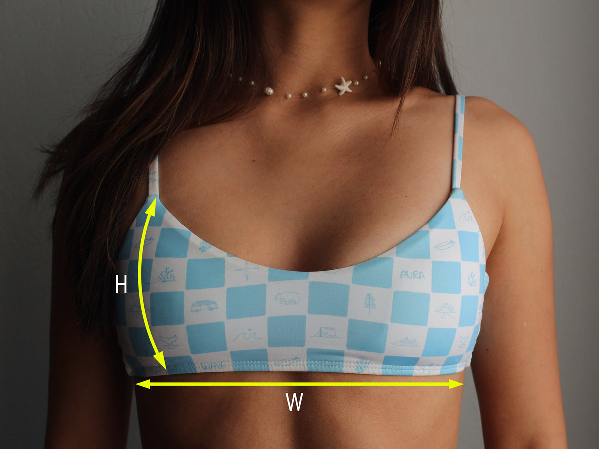 Blue and white checkered bikini top with measurements labeled on a grey background in Victoria, BC