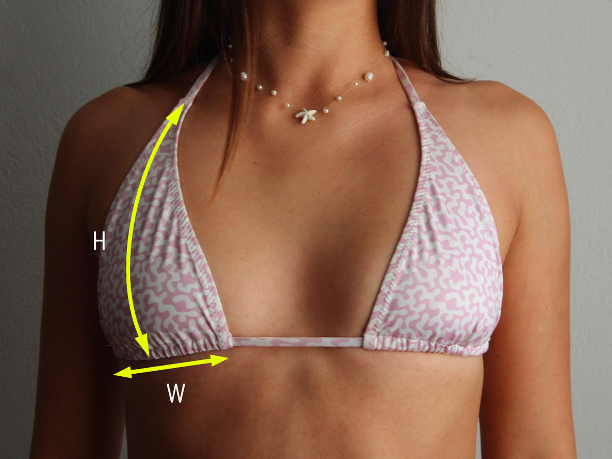 Bikini top with measurements labeled on a plain background in Victoria, BC